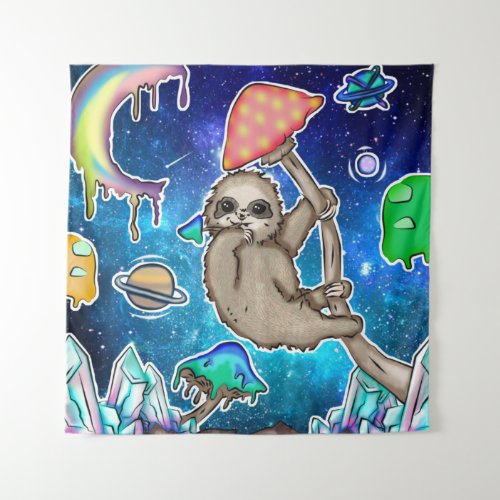 Space Galaxy Sloth Cosmic Mushrooms Weird Crystal Tapestry