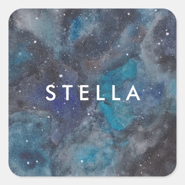 Space Galaxy Themed Starry Personalized Name Square Sticker (Front)