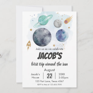 Space Galaxy Watercolor Planet Rocket 1st Birthday Invitation