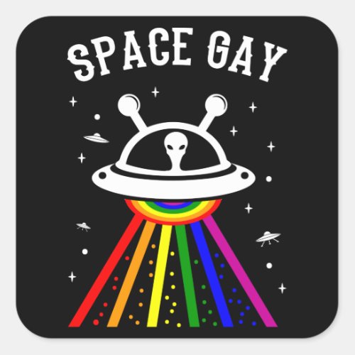 SPACE GAY LGBT Pride Month Alien UFO Rainbow Flag Square Sticker