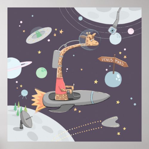 Space giraffe for baby boy Animal kids nursery Poster