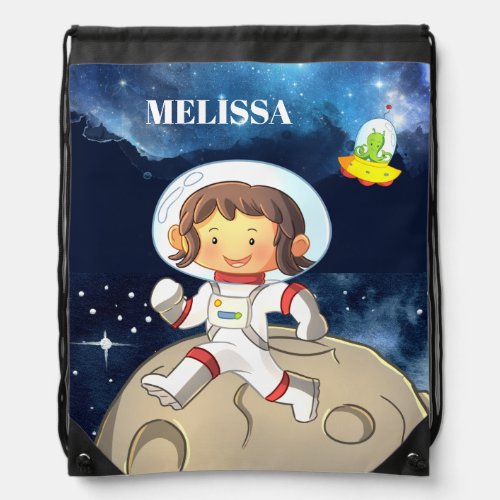 Space girl astronaut cute cartoon name drawstring bag