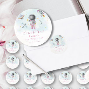 Space girl Astronaut pink rocket star 1st Birthday Classic Round Sticker