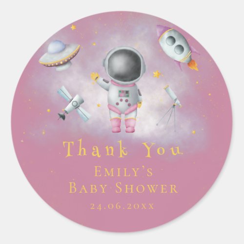 Space girl Astronaut pink rocket stars Baby Shower Classic Round Sticker