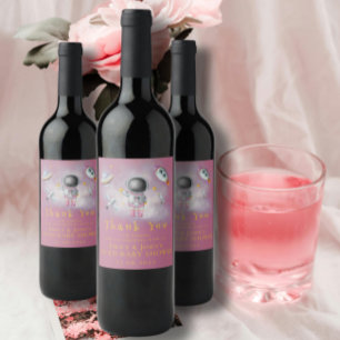 Space girl Astronaut pink rocket stars Baby Shower Wine Label
