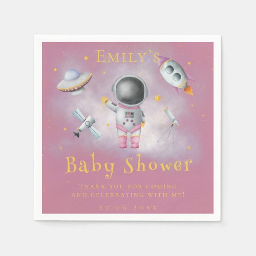 Space girl Astronaut pink rockets star Baby Shower Napkins