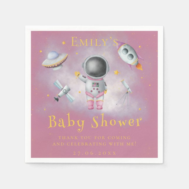 Space girl Astronaut pink rockets star Baby Shower Napkins (Front)
