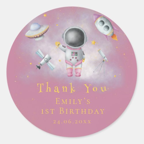 Space girl Astronaut pink rockets stars Birthday C Classic Round Sticker