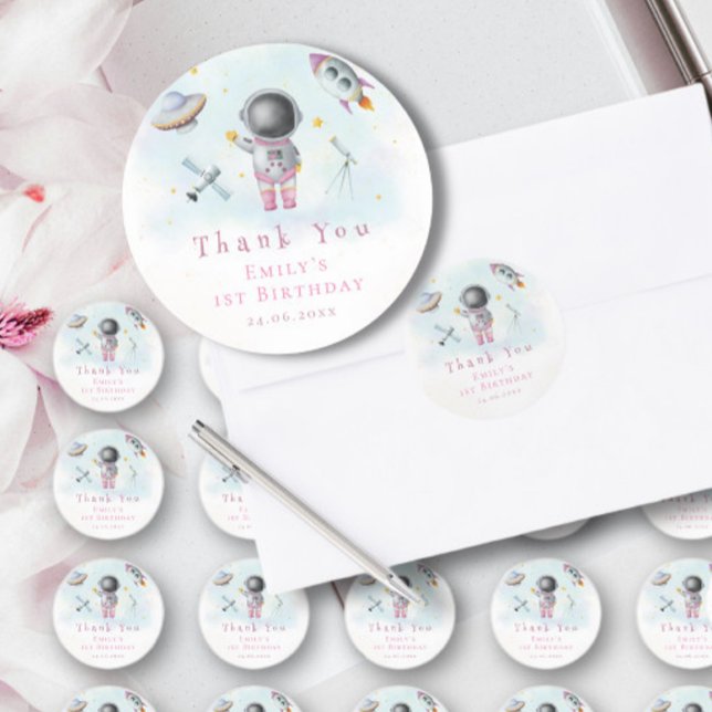 Space girl Astronaut pink rockets stars Birthday Classic Round Sticker (Creator Uploaded)