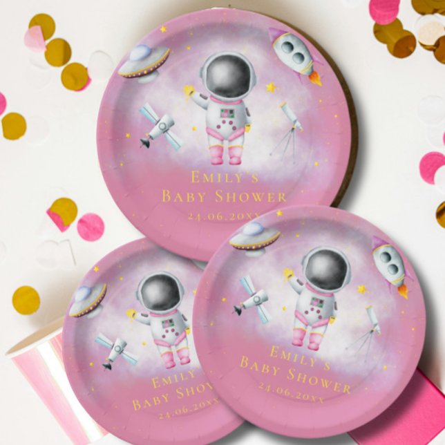 Space girl Astronaut rockets ufo stars Baby Shower Paper Plates (Creator Uploaded)