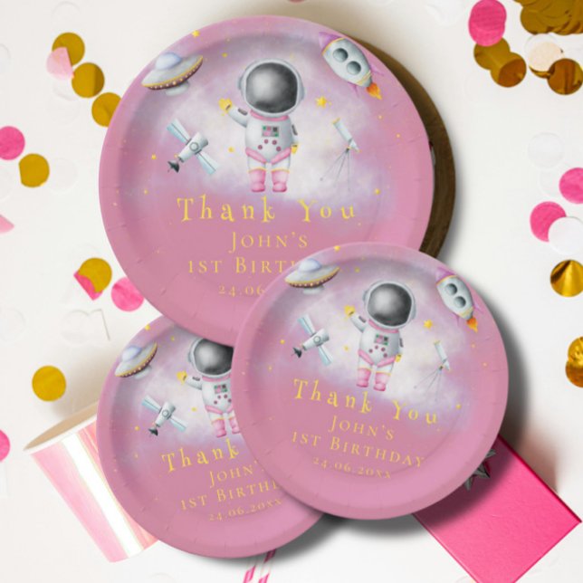 Space girl Astronaut rockets ufo stars Birthday Pa Paper Plates (Creator Uploaded)
