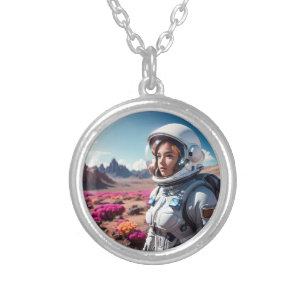 Space girl explores planet    silver plated necklace