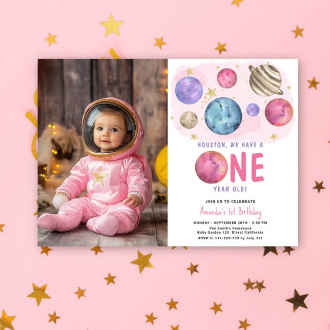 Space Girl First Birthday Moon Star Party Invitation (Creator Uploaded)
