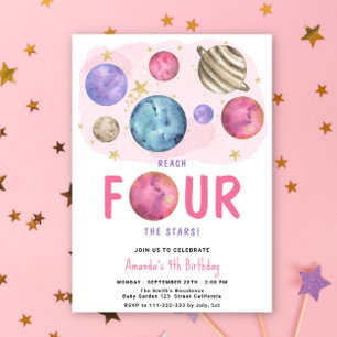 Space Girl Fourth Birthday Star Party Invitation
