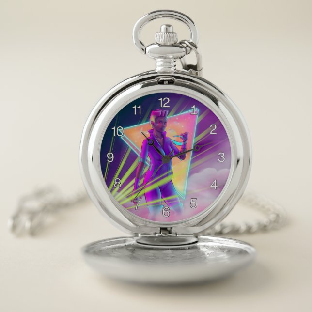 Space Girl Synthwave Cyberpunk Futuristic Art Pocket Watch (Inside)
