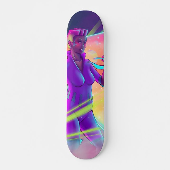 Space Girl Synthwave Cyberpunk Futuristic Art Skateboard (Front)