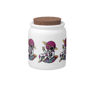 Space guy chilling and holding a beer on spaceship candy jar