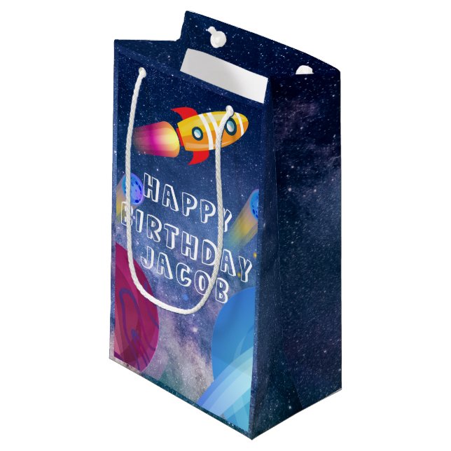 Space Happy Birthday Personalized Small Gift Bag (Front Angled)