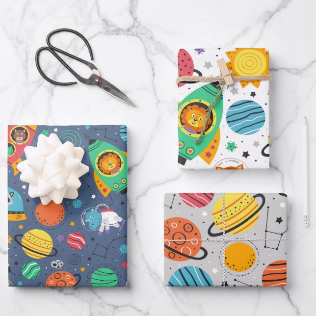 Space Hippo And Lion Planet Pattern Wrapping Paper Sheets (Front)