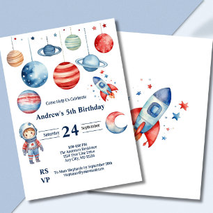 Space Kids Astronaut Planets Red Blue Boy Birthday Invitation