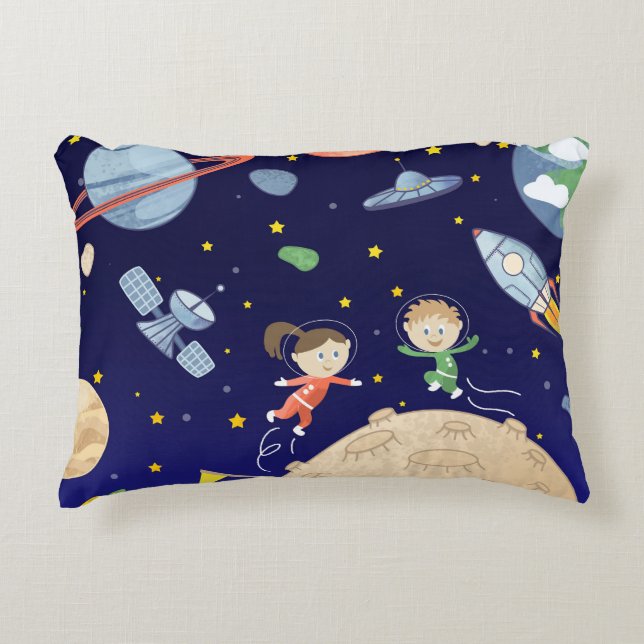 Space kids moon landing spaceship satellite stars  accent pillow (Front)