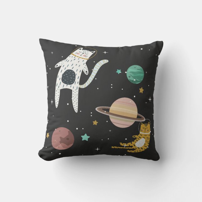Space kitty and planet throw pillow (Front)