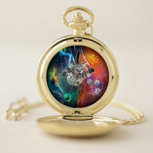 Space Kitty Cat Gold Pocket Watch