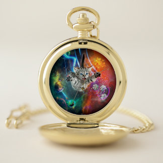 Space Kitty Cat Gold Pocket Watch