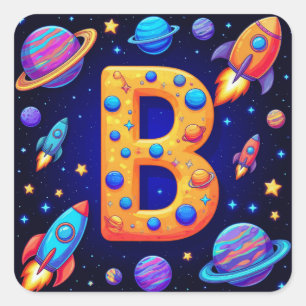 🚀 Space Letter B Rockets Planets Stars Kids 🚀 Square Sticker
