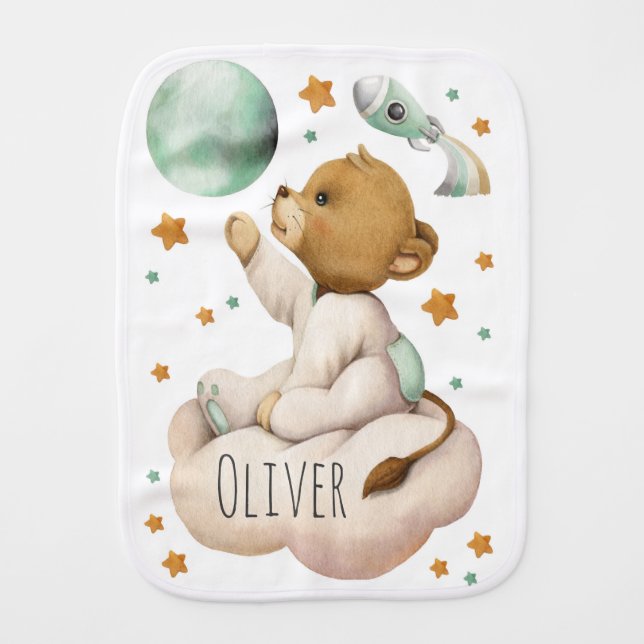 Space lion sits on a cloud baby burp cloth (Front)
