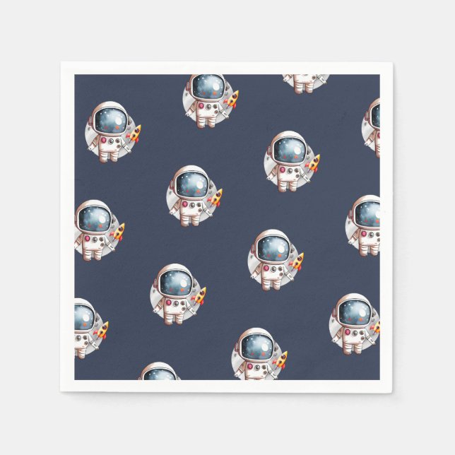 Space Man Rocket Ship Moon Birthday Napkins (Front)