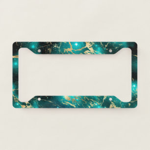 Space Marble Black Green Starry Night Golden License Plate Frame