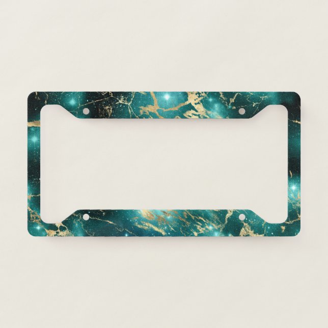 Space Marble Black Green Starry Night Golden License Plate Frame (Front)