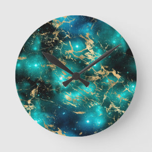 Space Marble Black Green Starry Night Golden Round Clock
