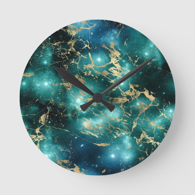 Space Marble Black Green Starry Night Golden Round Clock (Front)