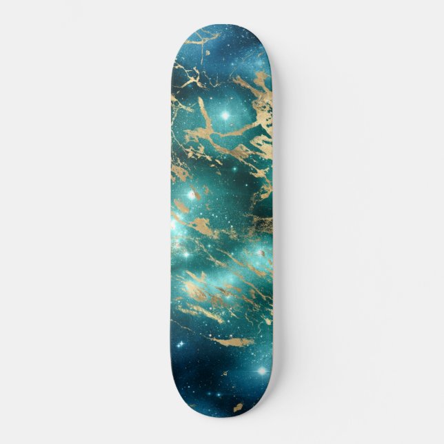 Space Marble Black Green Starry Night Golden Skateboard (Front)