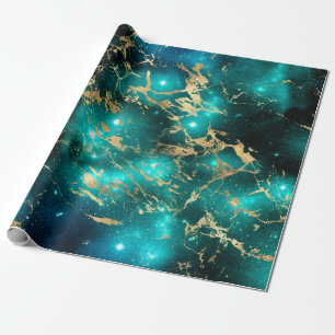 Space Marble Black Green Starry Night Golden Wrapping Paper