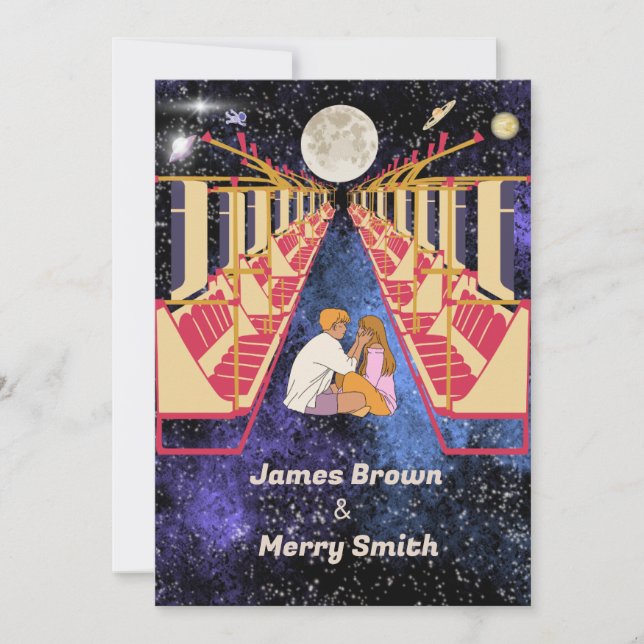 Space Moon Universe Romantic Night Train Wedding  Invitation (Front)