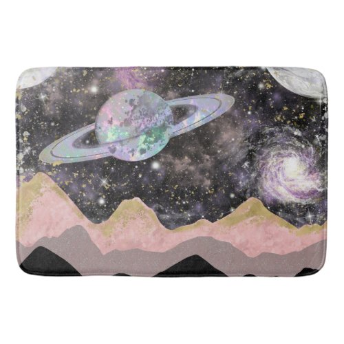 Space Mountains Gold Starry Sky Galaxy Planets Bath Mat