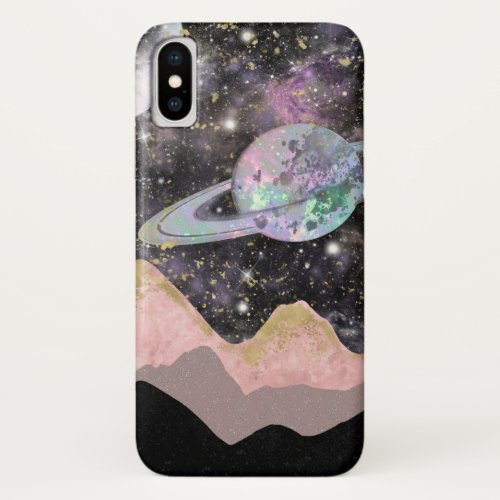 Space Mountains Gold Starry Sky Galaxy Planets iPhone X Case