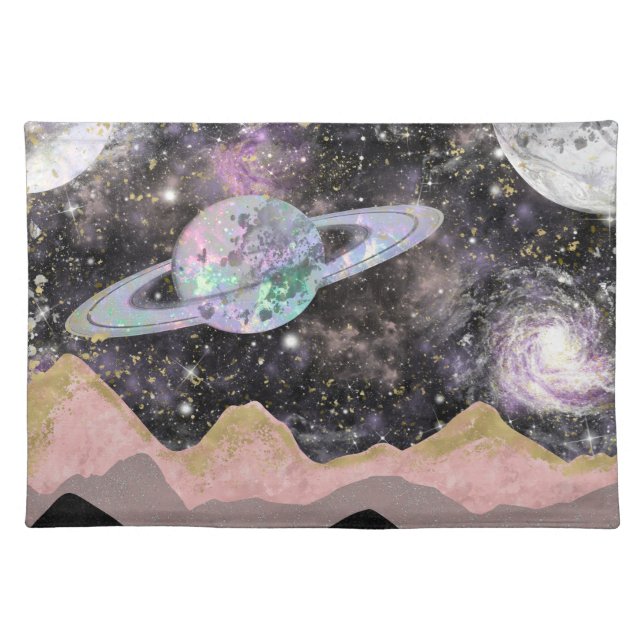 Space Mountains Gold Starry Sky Galaxy Planets Cloth Placemat (Front)