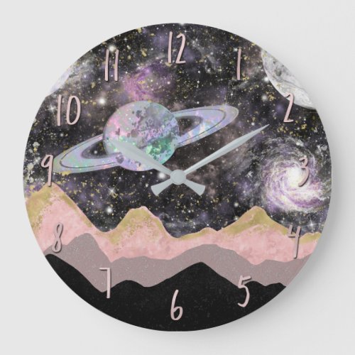 Space Mountains Gold Starry Sky Galaxy Planets Large Clock