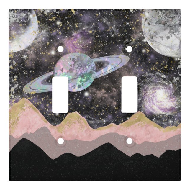Space Mountains Gold Starry Sky Galaxy Planets Light Switch Cover (Front)