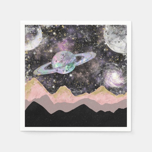 Space Mountains Gold Starry Sky Galaxy Planets Napkins (Front)