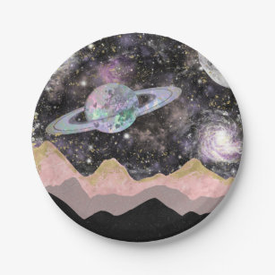 Space Mountains Gold Starry Sky Galaxy Planets Paper Plates