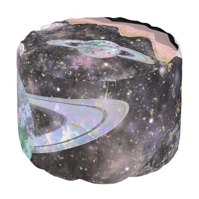 Space Mountains Gold Starry Sky Galaxy Planets Pouf (Angled Front)