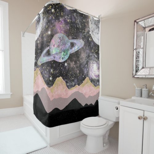 Space Mountains Gold Starry Sky Galaxy Planets Shower Curtain