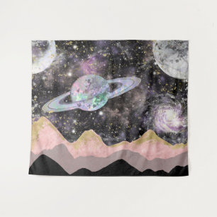 Space Mountains Gold Starry Sky Galaxy Planets Tapestry