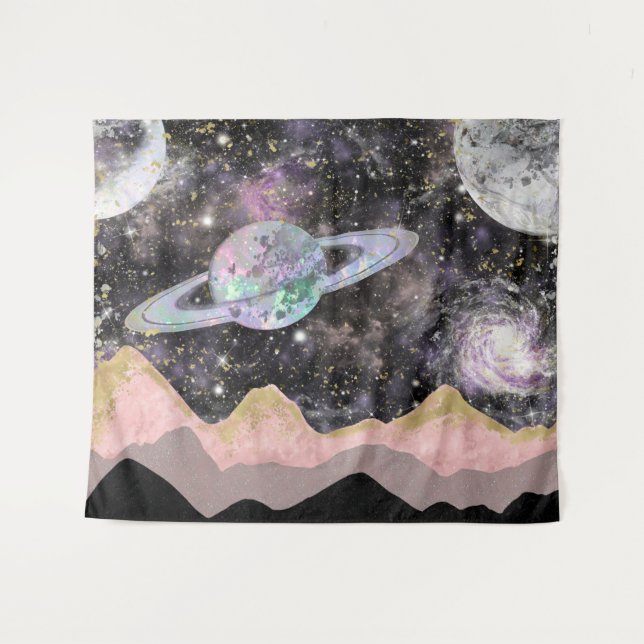 Space Mountains Gold Starry Sky Galaxy Planets Tapestry (Front (Horizontal))