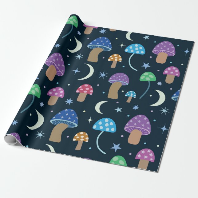  Space Mushroom with Moon and Stars  Wrapping Paper (Unrolled)